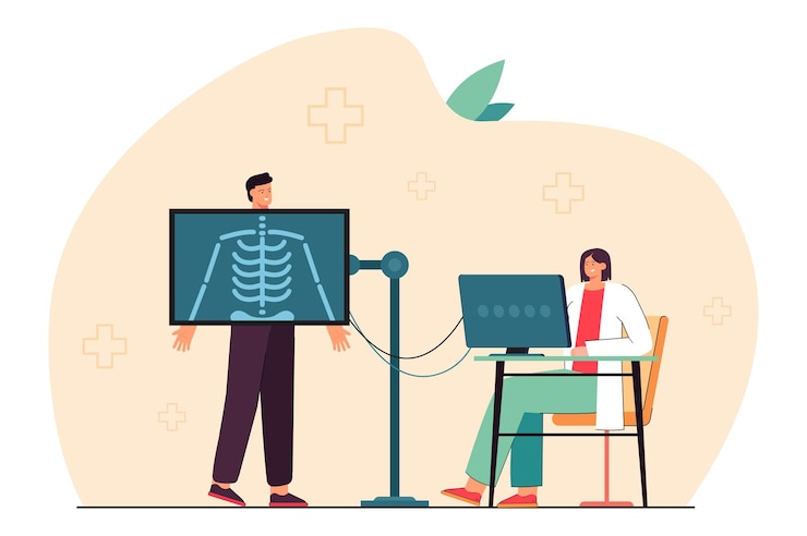 Vector doctor making x-ray of patient in radiology room to confirm diagnosis. medical officer examining male person in clinic flat vector illustration. diagnostics, healthcare, medicine concept