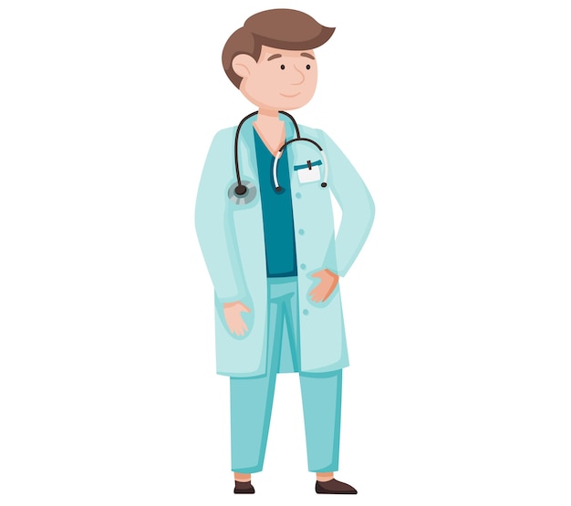 Doctor male character in hospital medicine healthcare concept Young smiling man medic therapist or nurse in blue uniform cartoon character standing in medical clinic office Medicare physician