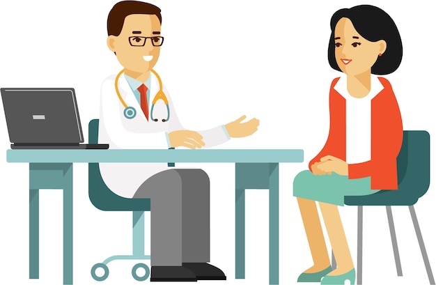 Vector doctor man and patient woman in medical clinic