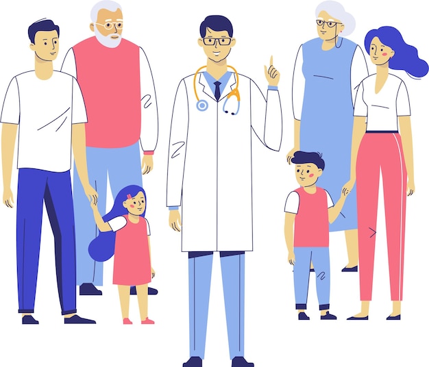 가족 환자 어머니, 아버지, 어린이, 조부모와 함께 서 있는 의사 남자