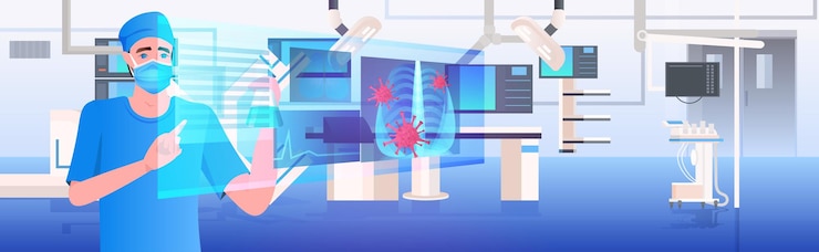 Vector doctor in mask examining x-ray viral pneumonia symptom coronavirus cells fight against covid-19
