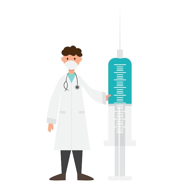 Vector doctor in mask with big syringe with vaccine, isolated, vector