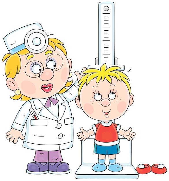 소아 병원 에서 의학적 검사 를 하는 동안 작은 소년 의 성장 을 측정 하는 의사