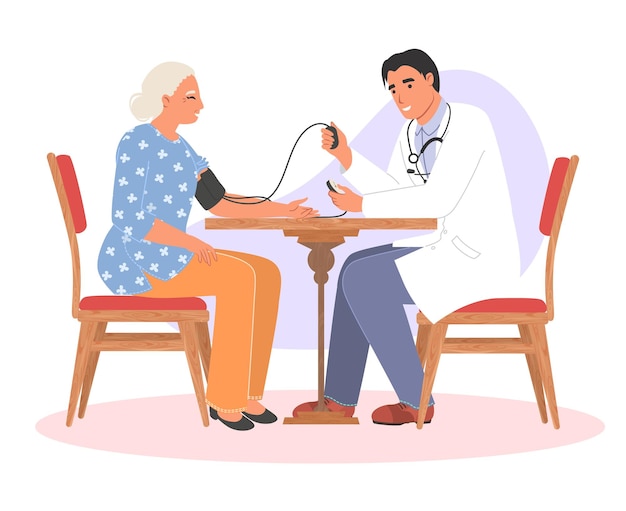 Vector doctor measuring old patient blood pressure vector