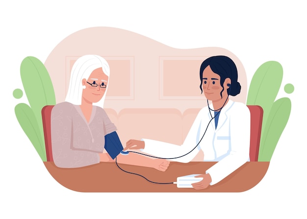 Vector doctor measuring senior patient blood pressure 2d vector isolated illustration