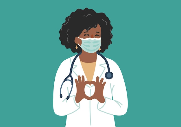 Vector doctor in medical mask makes heart shape