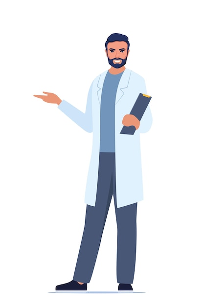 Doctor in medical uniform pointing and showing something with hand