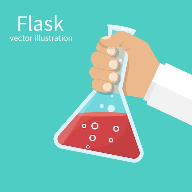 Doctor medicine holds flask in hands vector illustration flat design laboratory research testing reaction of chemical solution in flask