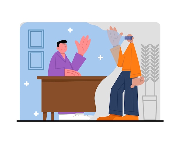 Vector doctor meets patient via video call and vr technology remote medical consultation using internet connection make diagnosis online vector flat illustration in blue and orange colors