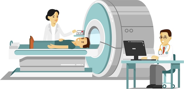 환자의 의사와 MRI 스캐너 진단