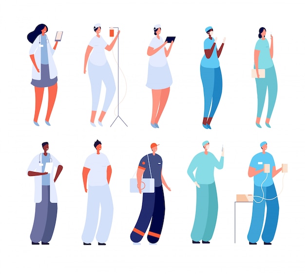 Vector doctor and nurse.  hospital intern, surgeon paramedic. young medical team.  male female infectious disease specialist  set
