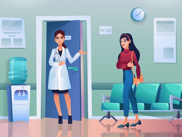 Vector doctor or nurse invites woman patient to medical office clinic or hospital interior