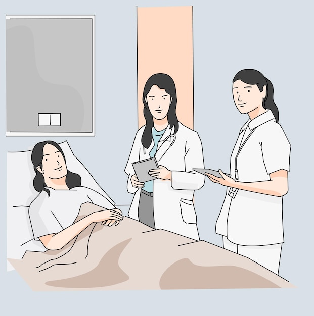 Doctor nurse and patient in hospital room examine smiling insurance concept art illustration