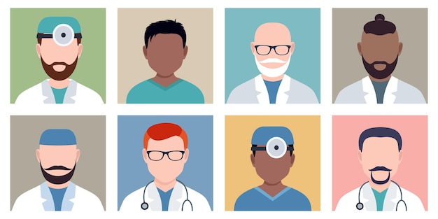 Vector doctor nurse portraits of male multiethnic characters