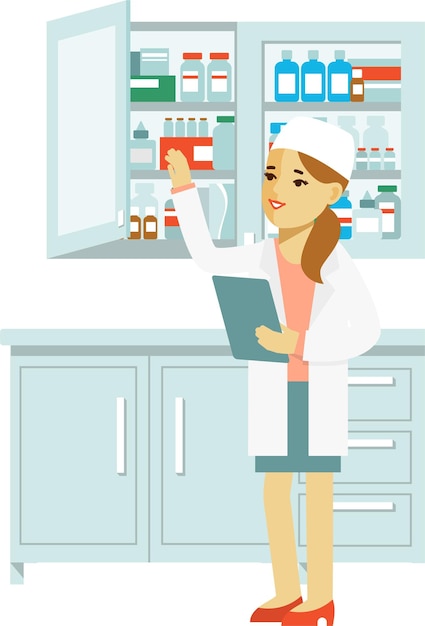 Vector doctor nurse standing near medical furniture hospital cupboard with medications