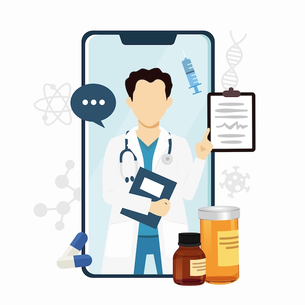 Доктор на мобильном телефоне, цифровое сервисное приложение с лекарствами и химическими ингредиентами, таблетки