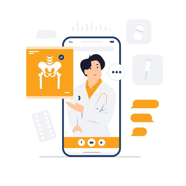 Vector doctor online healthcare medicine and medical consultation patient consulting using online technology through smart phone app concept illustration