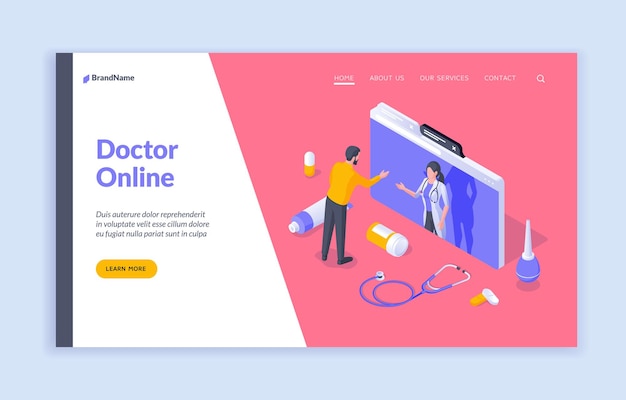 Vector doctor online isometric male patient communicating with female doctor