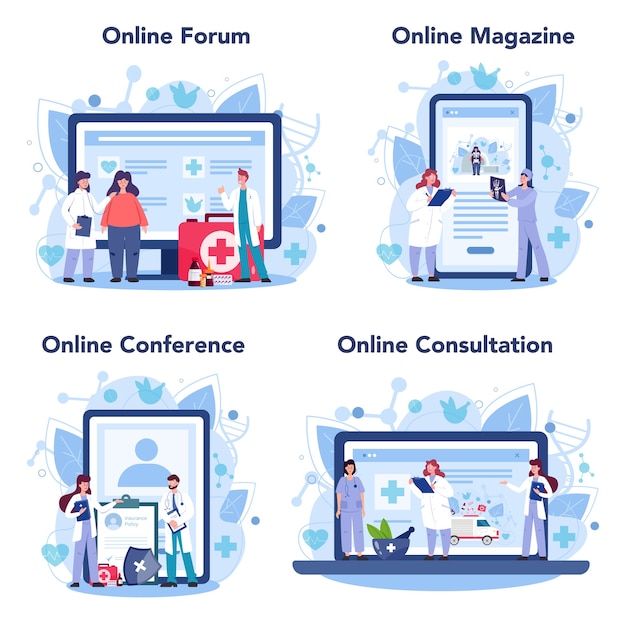 Doctor online service or platform set. Healthcare, modern medicine treatment, expertize, diagnostic. Online forum, magazine, conference, consultation 