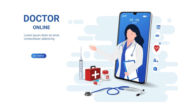 Vector doctor online on smartphone app with female doctor online medical clinic online medical consultation tele medicine online healthcare and medical consultation social distancing 3d vector