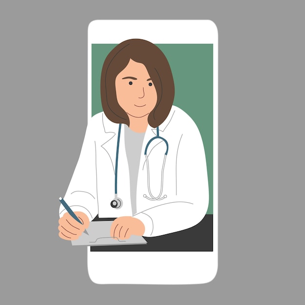 Vector doctor online a woman a medical worker consults on a video call in the phone vector flat illustration