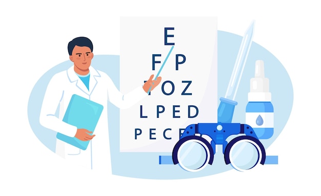 벡터 눈 검사 차트 근처에 서 있는 안과 의사. 안과 진단, 시력 검사. oculist는 시력을 확인하고 안경을 선택합니다. 시력 교정, 검안