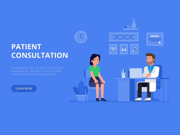 Doctor and patient concept banner with characters. Patient consultation.