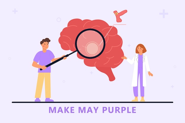 Врач и пациент исследуют мозговой инсульт в плоском стиле Make May Purple