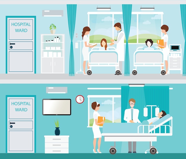 doctor and patient in hospital room with beds