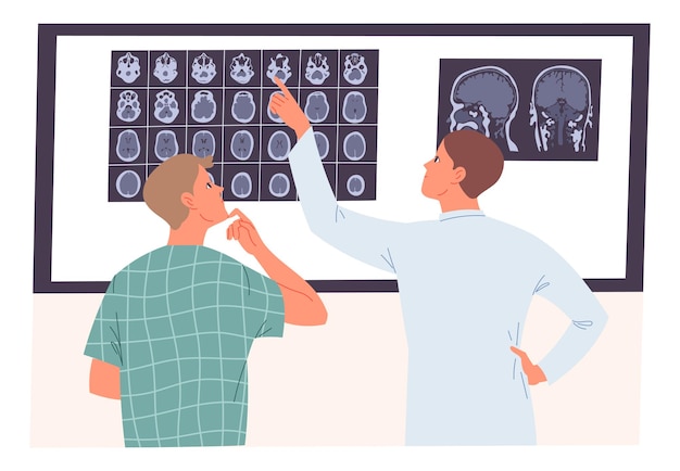 Vector doctor and patient looking at an mri scan of the brain.