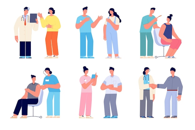 doctor and patients doctors with patient medic speaking with people hospital team consult healthcare clinic vaccination utter vector characters