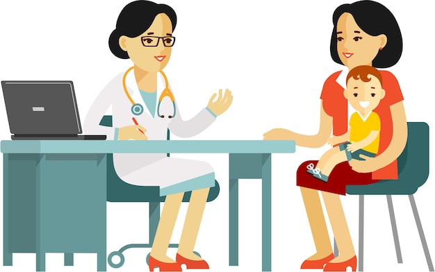 Vector doctor pediatrician consultation for woman with boy child