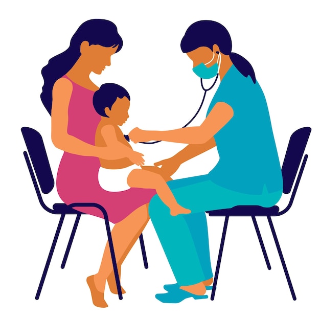 Doctor pediatrician in a mask in a suit listening child's heartbeat with stethoscope during checkup