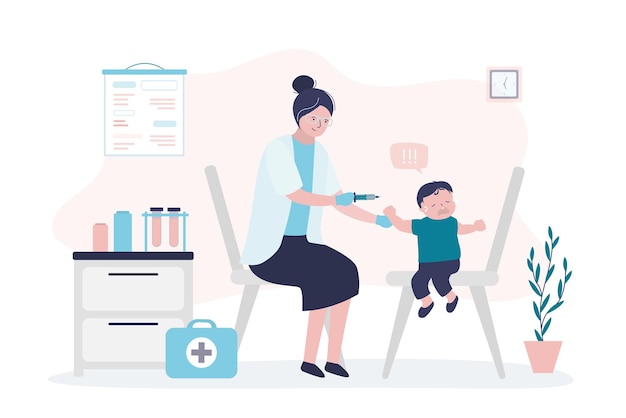 Doctor pediatrician or nurse holding syringe Unhappy child is afraid of injections and syringes