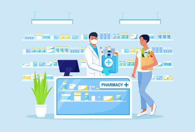 Doctor Pharmacist Consulting Patient in Pharmacy Store. Man in Drugstore with Paper Bag with Medicines, Drugs, Pills and Bottles inside. Pharmaceutical Industry. Customer Standing near Cashier Desk