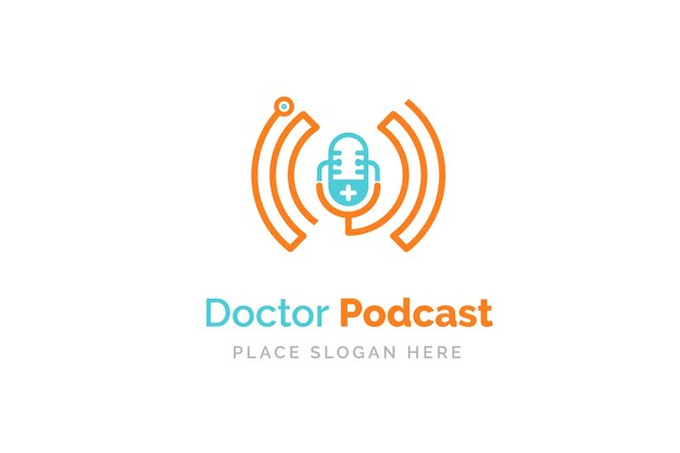 Disegno del logo del podcast medico. stetoscopio e simbolo dell'illustrazione del microfono.