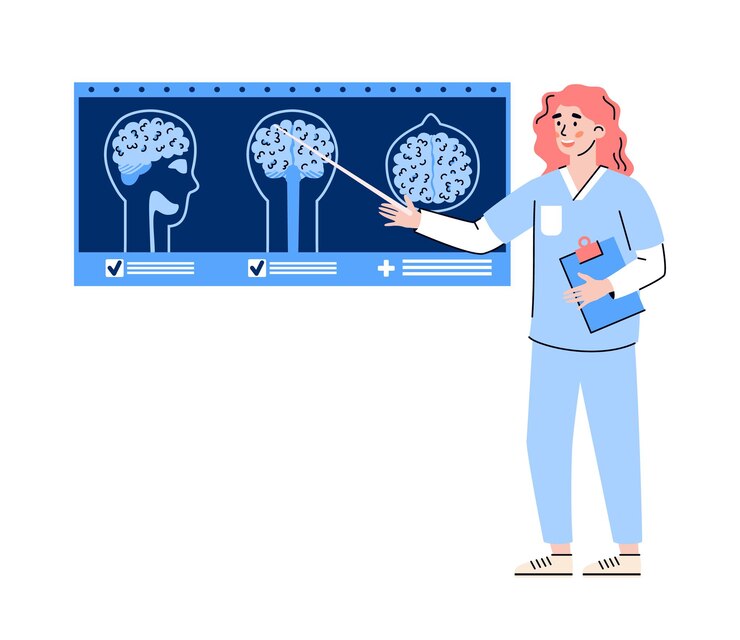 Vector doctor pointing on mri or tomography scans flat isolated.