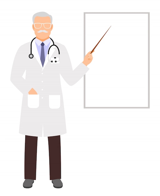 Vector doctor presentation. medical lecture, physician teaching and showing on blank flip chart with copyspace