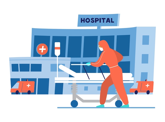 Vector doctor in protective clothing with empty medical bed in front of hospital building.   illustration.