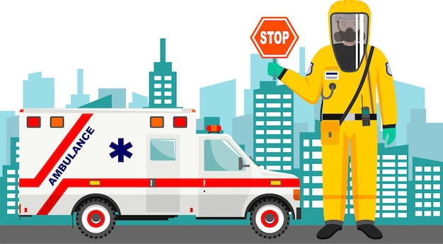 Doctor in Protective Suit and Gas Mask Respirator Holds Warning Sign with Ambulance Medical Car