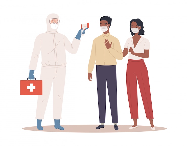 Vector a doctor in protective suit measures the temperature of male and female couple in medical mask. coronavirus protection concept. illustration in a flat style