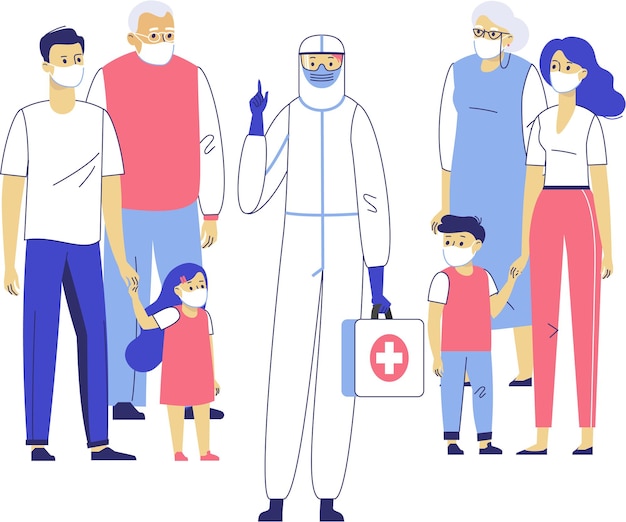 Doctor in Protective Suit Standing with Family Patients