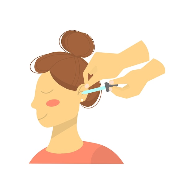 Vettore il medico mette le gocce nell'orecchio del paziente adulto trattamento della malattia dell'otite rimedio per l'udito