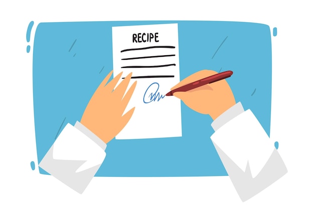 Doctor Putting Signature in Recipe Blank Doctors Hand Signing Diagnosis Document Cartoon Vector Illustration