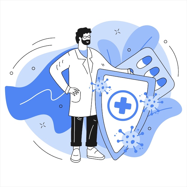 Doctor in raincoat holding shield with virus protection covid 19 medicine vector