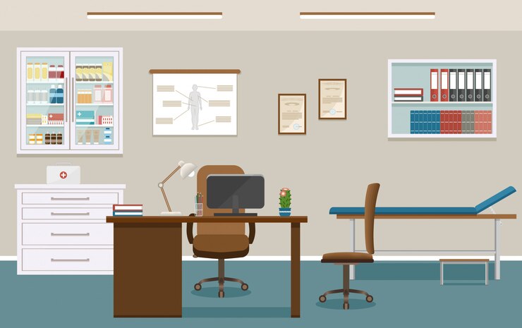 Vector doctor's consultation room interior in clinic. empty medical office design. hospital working in healthcare .