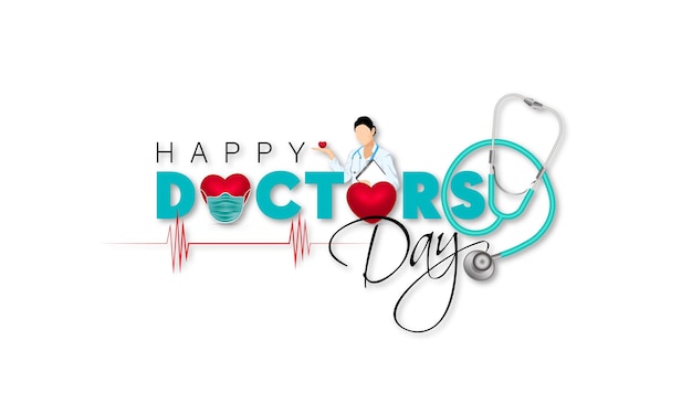 Doctor's daylettering del giorno del medico felice con il simbolo del cuore e croce su sfondo bianco