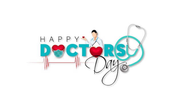 Doctor's Daylettering van gelukkige doktersdag met symbool van hart en kruis op witte achtergrond
