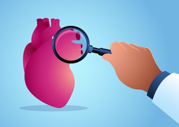 doctor's hand analyzing a human heart with magnifying glasses