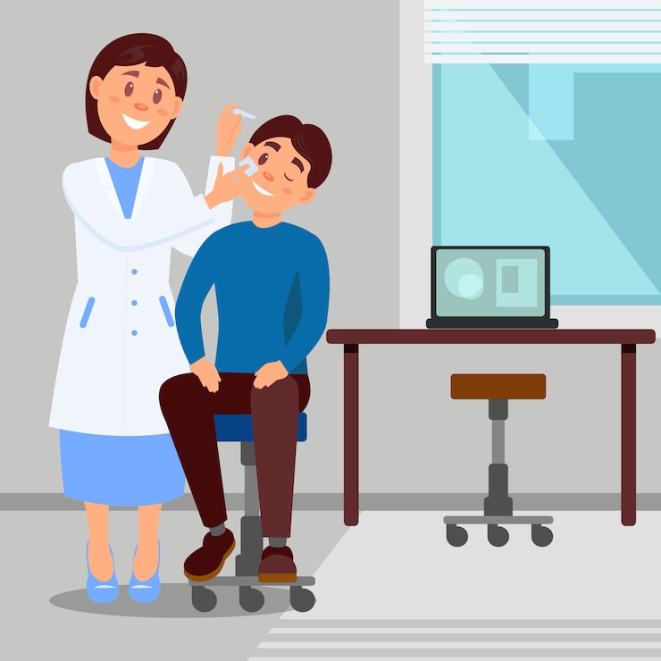 Vector doctor s office in clinic smiling woman treats eye of young man using eye-drops. cartoon character of medical worker and patient. flat   illustration.